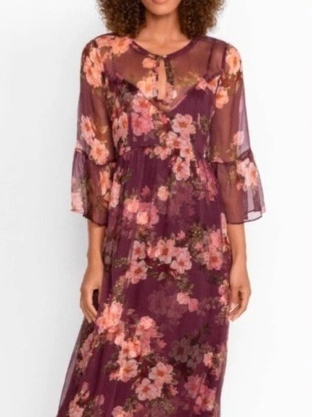 NWT $435 Johnny Was Jade Winonna Maxi-Dress & Floral Slip M Crinkle Silk